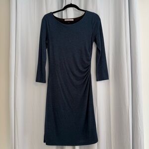 LOFT Blue Ruched Sweater Dress Womens Small Stretch Knit Lined 3/4 Sleeve